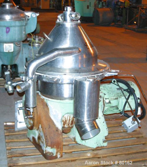 USED: Westfalia SA-35-03-076 desludger disc centrifuge, stainlesssteel construction on product contact areas. Max bowl speed 6600 rpm,separator design, heavy phase centripetal pump liquid discharge,l...