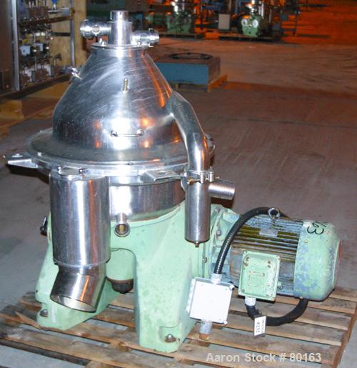 USED: Westfalia SA-35-03-076 desludger disc centrifuge, stainlesssteel construction on product contact areas. Max bowl speed 6600 rpm,separator design, heavy phase centripetal pump liquid discharge,l...