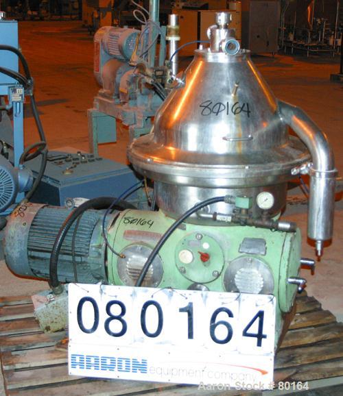 USED: Westfalia SA-35-03-076 desludger disc centrifuge, stainlesssteel construction on product contact areas. Max bowl speed 6600 rpm,separator design, heavy phase centripetal pump liquid discharge,l...