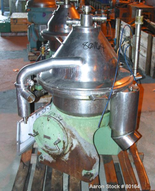 USED: Westfalia SA-35-03-076 desludger disc centrifuge, stainlesssteel construction on product contact areas. Max bowl speed 6600 rpm,separator design, heavy phase centripetal pump liquid discharge,l...
