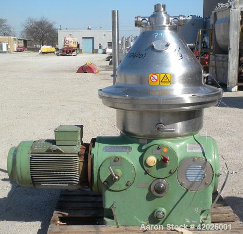 Used Westfalia SA-35-06-076 Desludger Disc Centrifuge. Stainless steel, clarifier design (liquid/solids separation), maximum bowl speed is 6550 rpm, centripetal pump liquid discharge,18.5 kW / 27.75 ...
