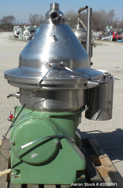 Used Westfalia SA-35-06-076 Desludger Disc Centrifuge. Stainless steel, clarifier design (liquid/solids separation), maximum bowl speed is 6550 rpm, centripetal pump liquid discharge,18.5 kW / 27.75 ...