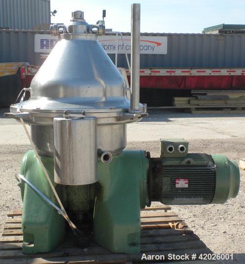 Used Westfalia SA-35-06-076 Desludger Disc Centrifuge. Stainless steel, clarifier design (liquid/solids separation), maximum bowl speed is 6550 rpm, centripetal pump liquid discharge,18.5 kW / 27.75 ...