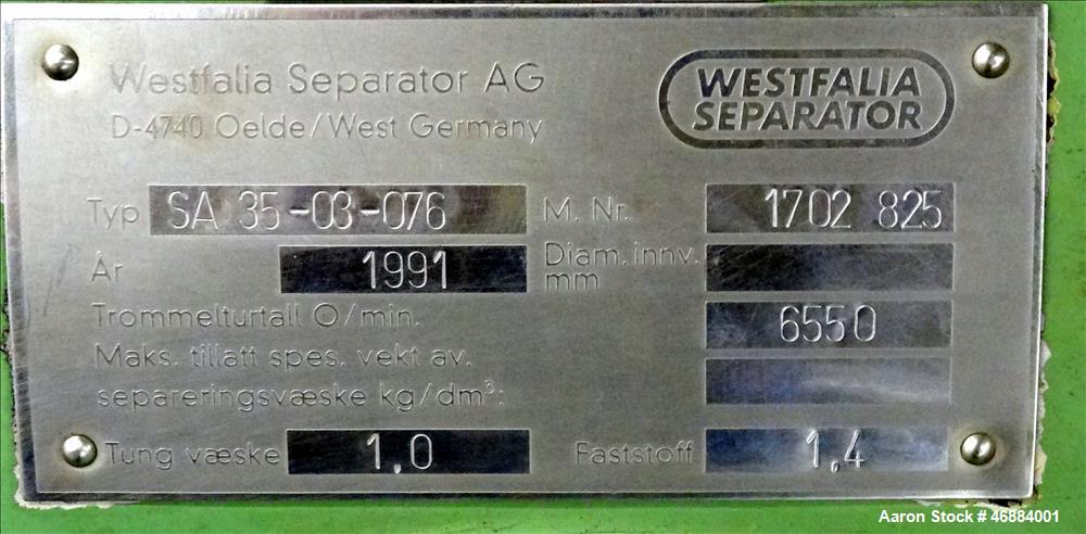 Used- Westfalia SA-35-06-076 Desludger Disc Centrifuge