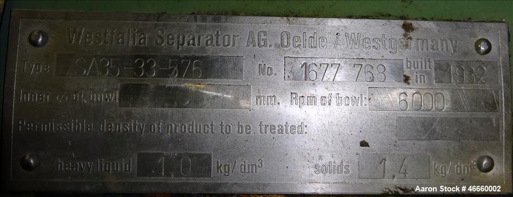 Used Westfalia SA-35-33-576 Desludger Disc Centrifuge.