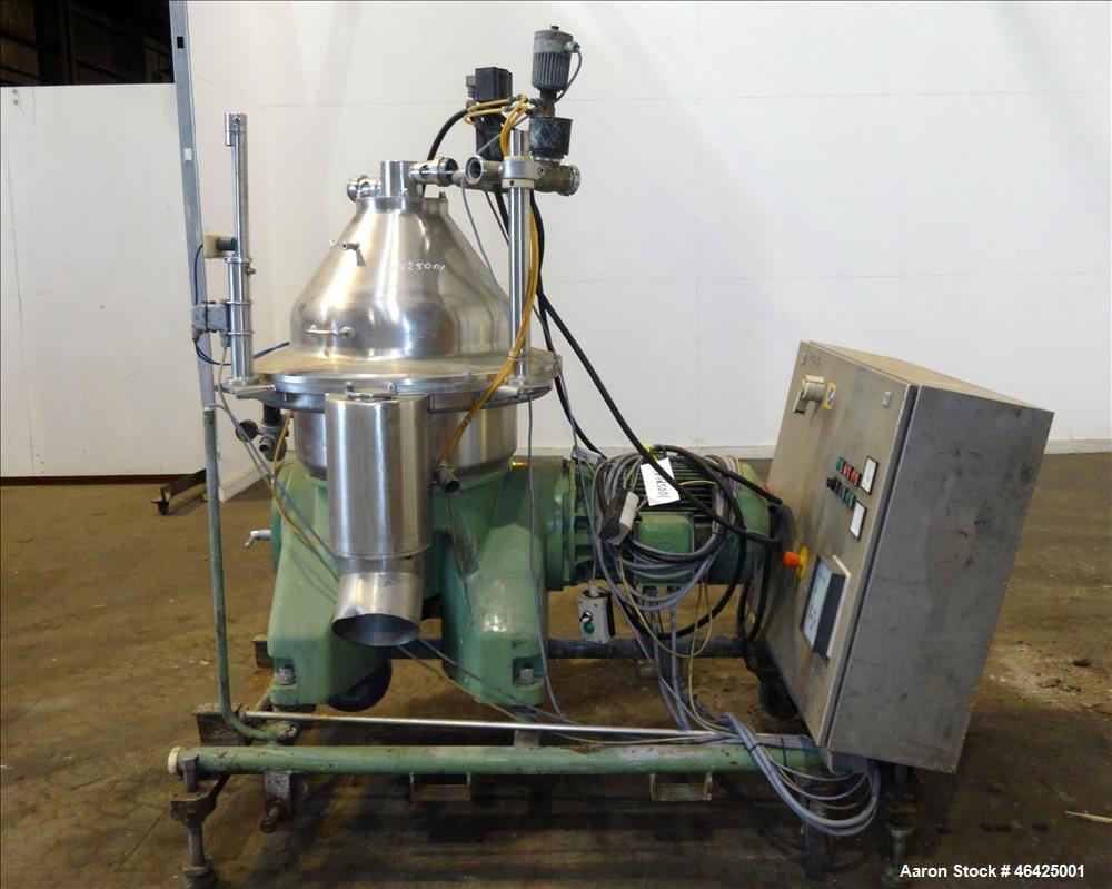 Used Westfalia SA-35-36-076 Desludger Disc Centrifuge. 316 stainless steel (product contact areas), 6550 rpm maximum bowl speed, clarifier design (liquid/solids separation), centripetal pump liquid d...