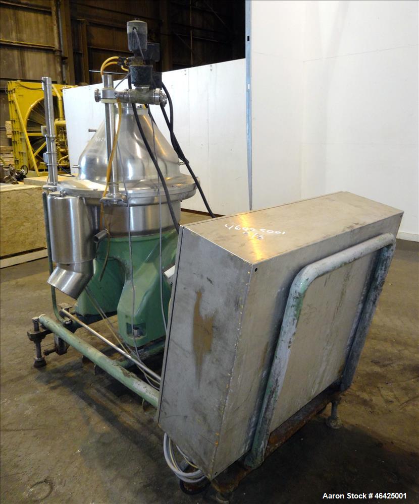 Used Westfalia SA-35-36-076 Desludger Disc Centrifuge. 316 stainless steel (product contact areas), 6550 rpm maximum bowl speed, clarifier design (liquid/solids separation), centripetal pump liquid d...