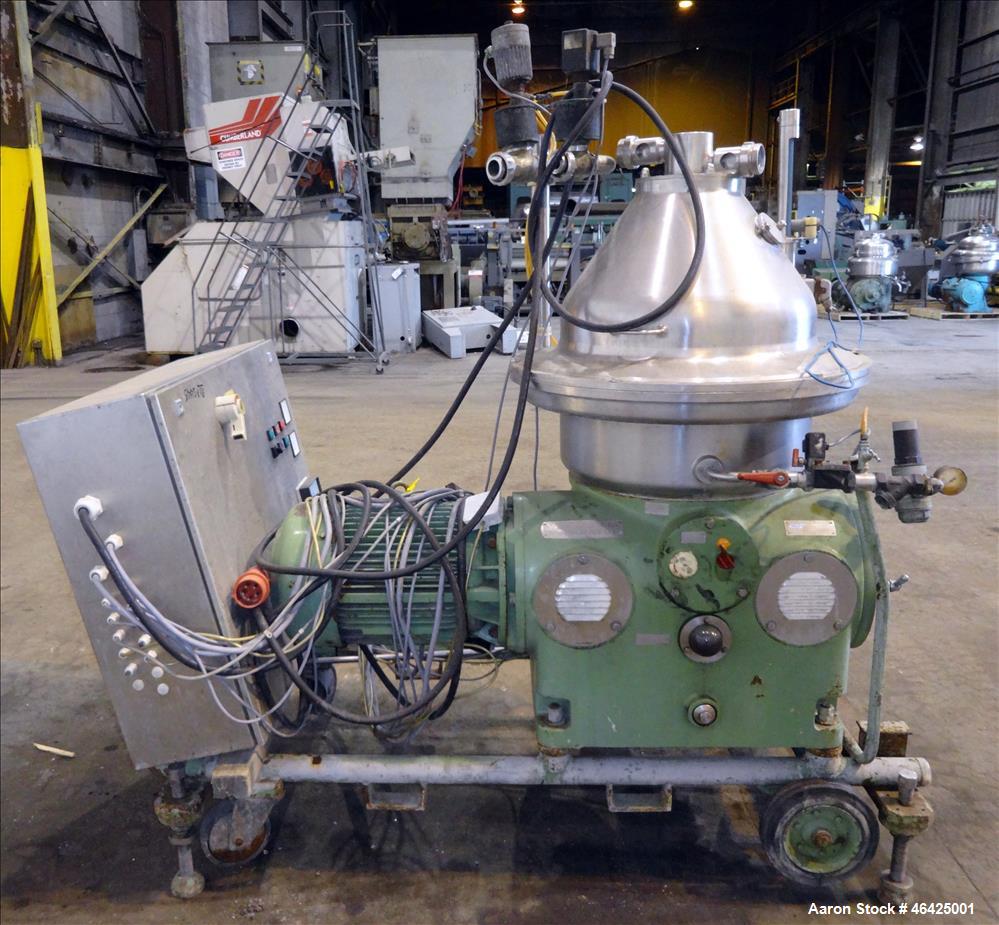 Used Westfalia SA-35-36-076 Desludger Disc Centrifuge. 316 stainless steel (product contact areas), 6550 rpm maximum bowl speed, clarifier design (liquid/solids separation), centripetal pump liquid d...