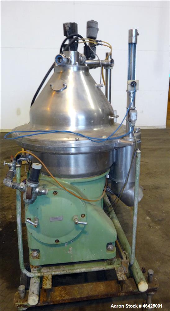 Used Westfalia SA-35-36-076 Desludger Disc Centrifuge. 316 stainless steel (product contact areas), 6550 rpm maximum bowl speed, clarifier design (liquid/solids separation), centripetal pump liquid d...
