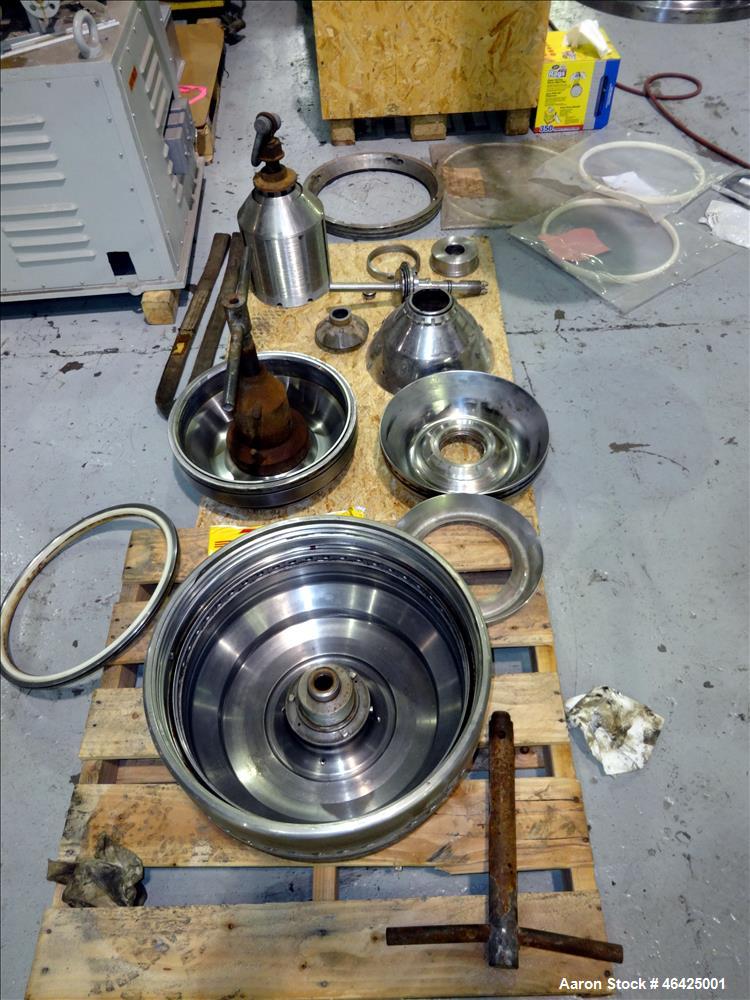 Used Westfalia SA-35-36-076 Desludger Disc Centrifuge. 316 stainless steel (product contact areas), 6550 rpm maximum bowl speed, clarifier design (liquid/solids separation), centripetal pump liquid d...