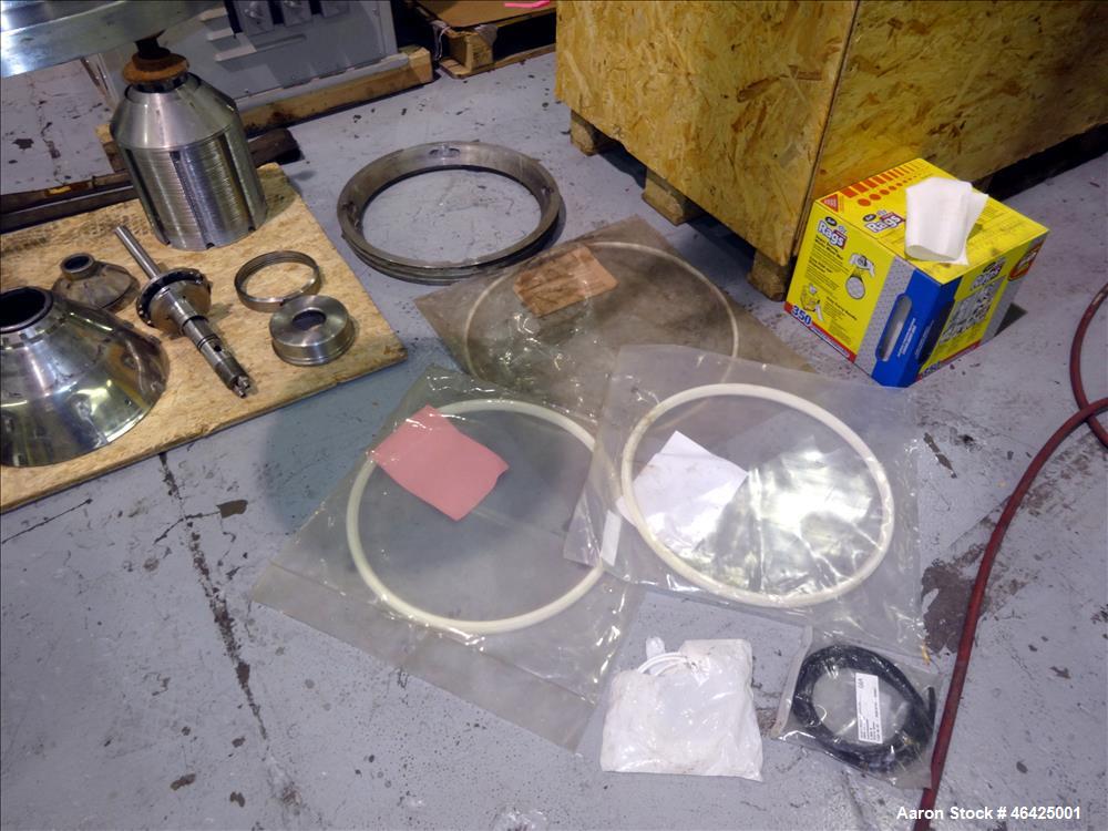 Used Westfalia SA-35-36-076 Desludger Disc Centrifuge. 316 stainless steel (product contact areas), 6550 rpm maximum bowl speed, clarifier design (liquid/solids separation), centripetal pump liquid d...