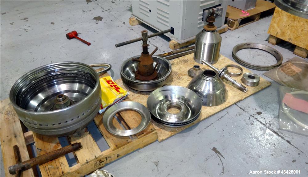 Used Westfalia SA-35-36-076 Desludger Disc Centrifuge. 316 stainless steel (product contact areas), 6550 rpm maximum bowl speed, clarifier design (liquid/solids separation), centripetal pump liquid d...