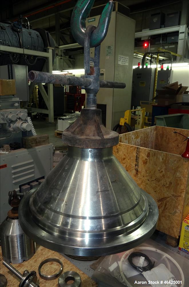 Used Westfalia SA-35-36-076 Desludger Disc Centrifuge. 316 stainless steel (product contact areas), 6550 rpm maximum bowl speed, clarifier design (liquid/solids separation), centripetal pump liquid d...