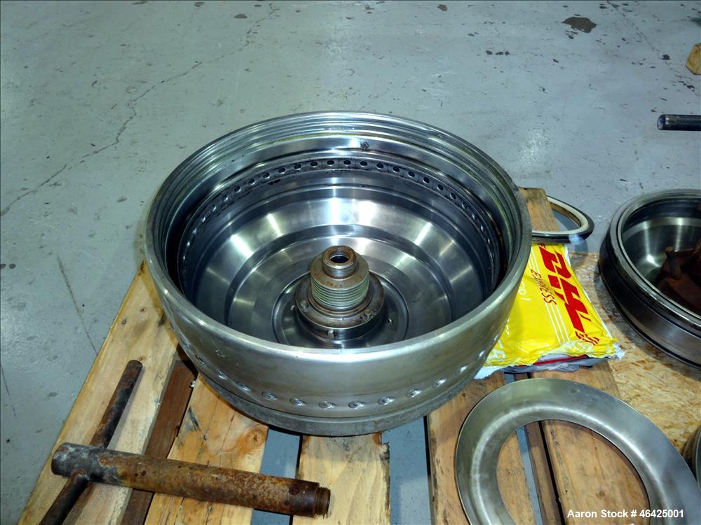 Used Westfalia SA-35-36-076 Desludger Disc Centrifuge. 316 stainless steel (product contact areas), 6550 rpm maximum bowl speed, clarifier design (liquid/solids separation), centripetal pump liquid d...