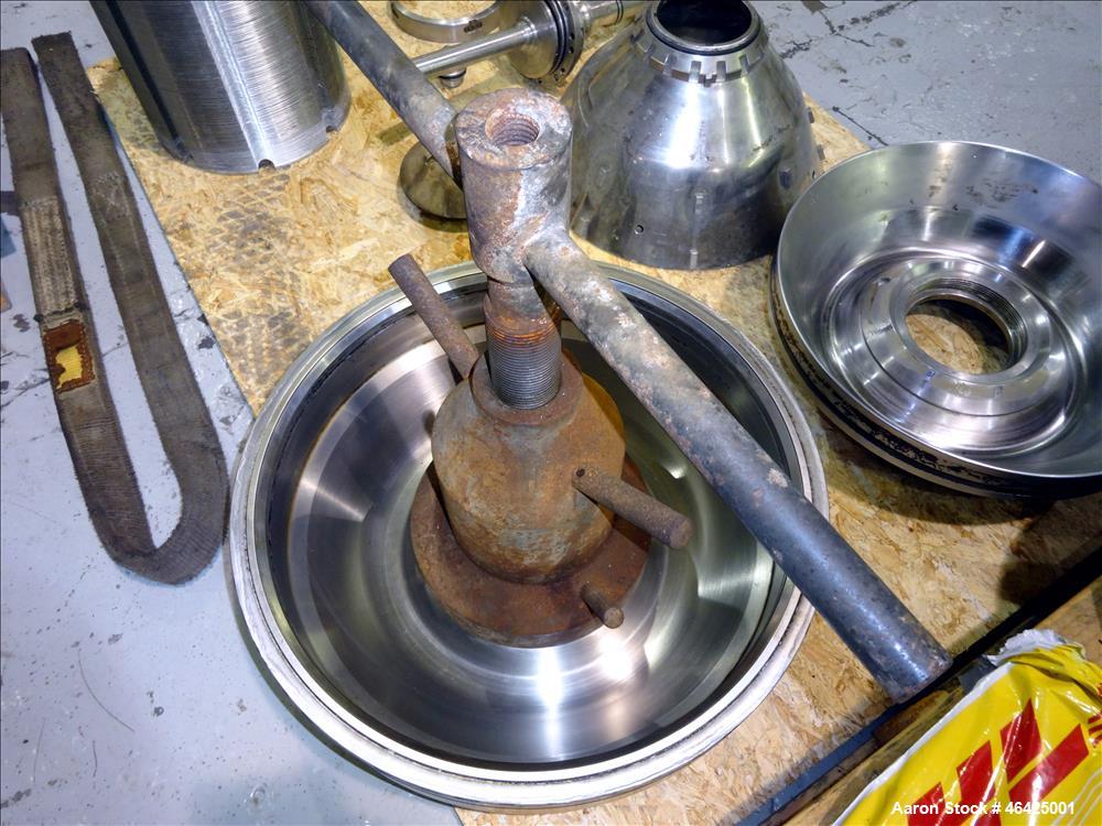 Used Westfalia SA-35-36-076 Desludger Disc Centrifuge. 316 stainless steel (product contact areas), 6550 rpm maximum bowl speed, clarifier design (liquid/solids separation), centripetal pump liquid d...