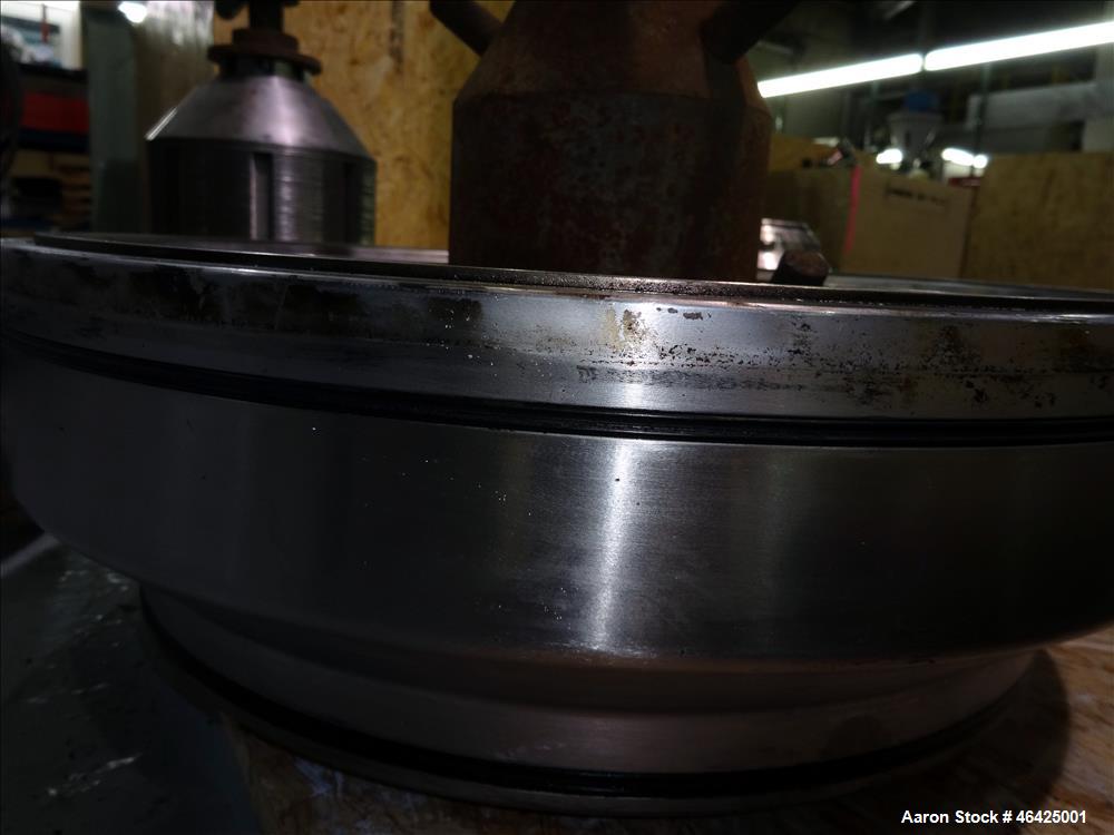 Used Westfalia SA-35-36-076 Desludger Disc Centrifuge. 316 stainless steel (product contact areas), 6550 rpm maximum bowl speed, clarifier design (liquid/solids separation), centripetal pump liquid d...
