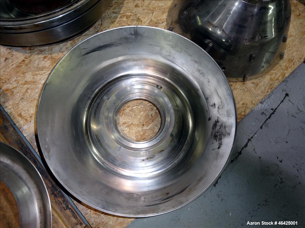 Used Westfalia SA-35-36-076 Desludger Disc Centrifuge. 316 stainless steel (product contact areas), 6550 rpm maximum bowl speed, clarifier design (liquid/solids separation), centripetal pump liquid d...