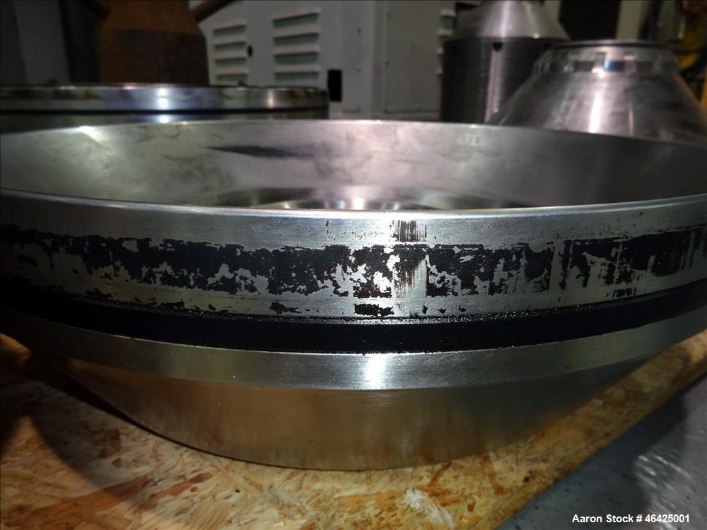 Used Westfalia SA-35-36-076 Desludger Disc Centrifuge. 316 stainless steel (product contact areas), 6550 rpm maximum bowl speed, clarifier design (liquid/solids separation), centripetal pump liquid d...
