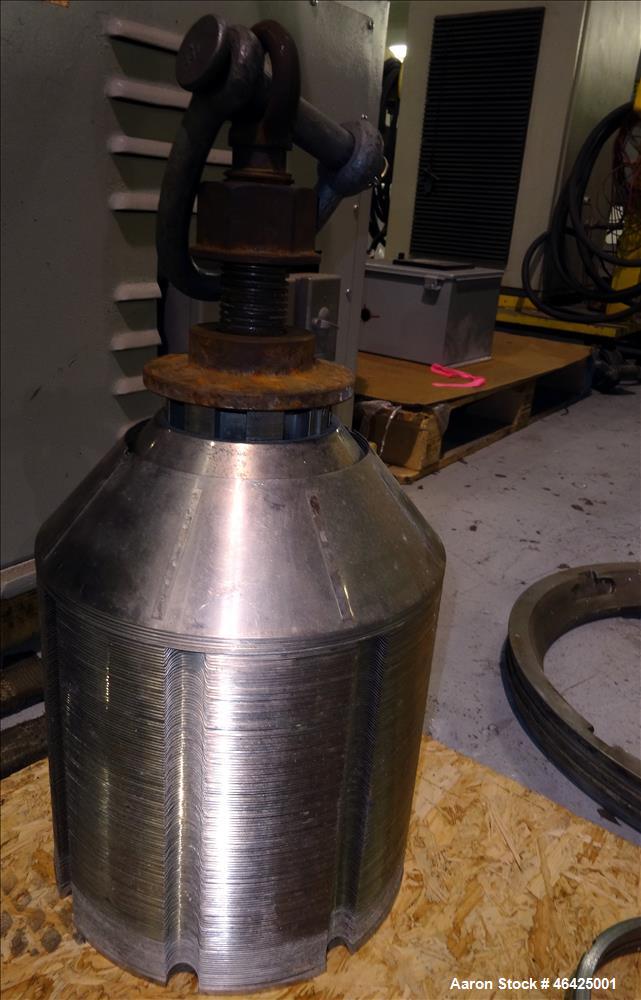 Used Westfalia SA-35-36-076 Desludger Disc Centrifuge. 316 stainless steel (product contact areas), 6550 rpm maximum bowl speed, clarifier design (liquid/solids separation), centripetal pump liquid d...