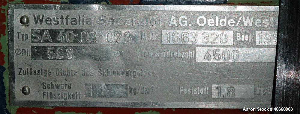 Used Westfalia SA-40-03-076 Disc Centrifuge.