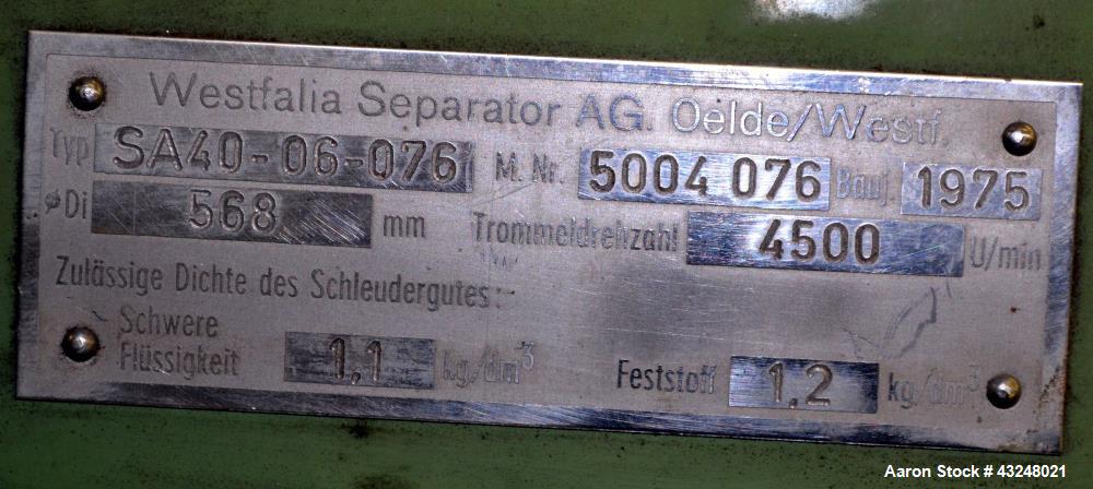 Used Stainless Steel Westfalia Desludger Disc Centrifuge, SA-40-06-076 