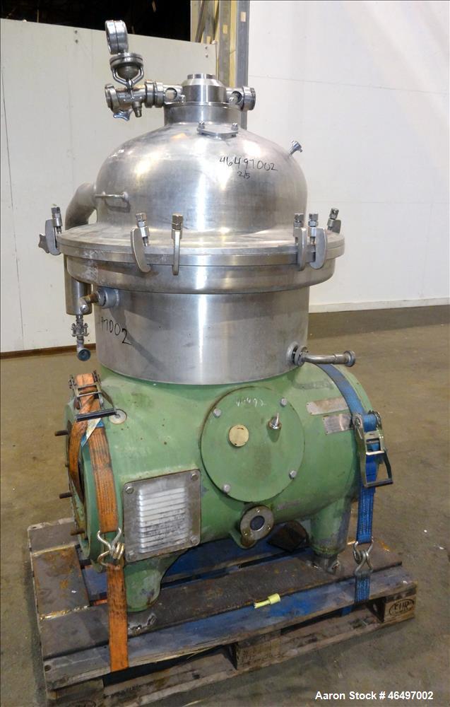 Used Westfalia SA-45-03-076 Disc Centrifuge. 316 Stainless steel construction (product contact areas). Maximum bowl speed 5000 rpm, separator design (Liquid/liquid/solids separation), heavy phase cen...