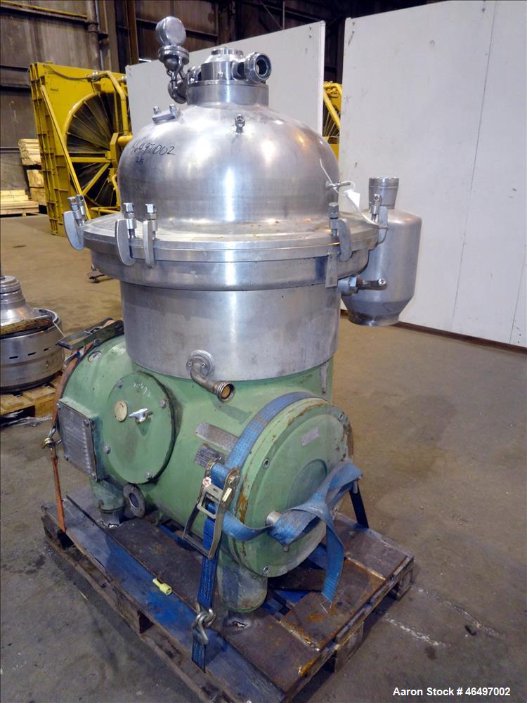 Used Westfalia SA-45-03-076 Disc Centrifuge. 316 Stainless steel construction (product contact areas). Maximum bowl speed 5000 rpm, separator design (Liquid/liquid/solids separation), heavy phase cen...