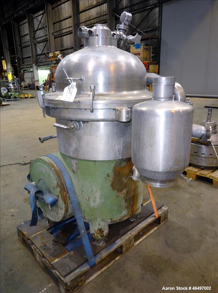 Used Westfalia SA-45-03-076 Disc Centrifuge. 316 Stainless steel construction (product contact areas). Maximum bowl speed 5000 rpm, separator design (Liquid/liquid/solids separation), heavy phase cen...