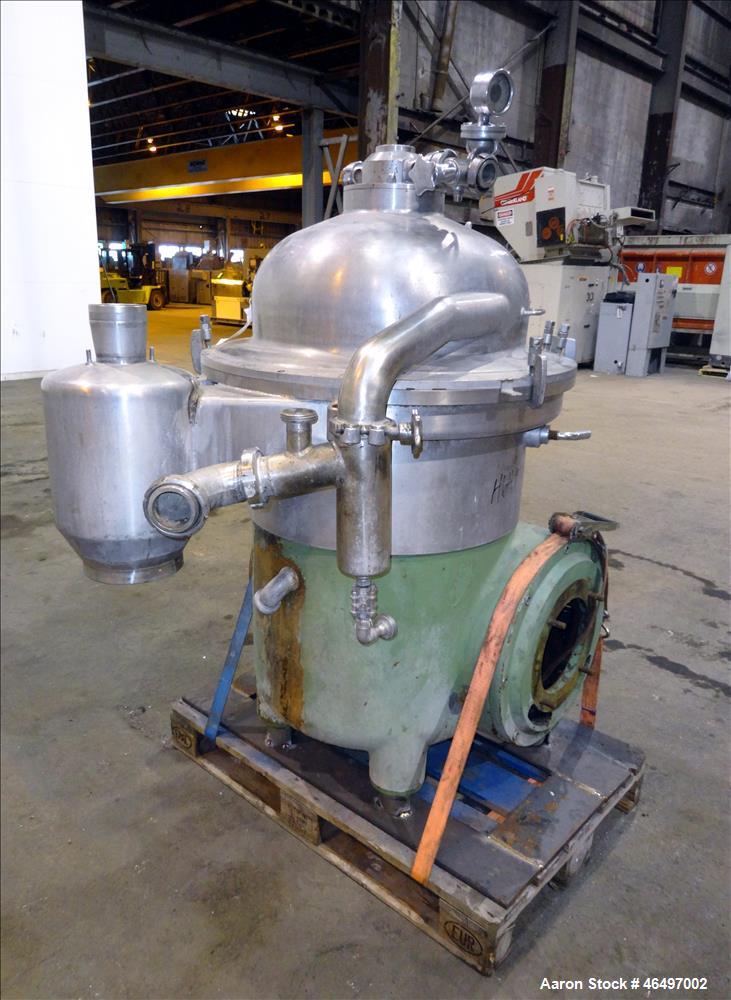 Used Westfalia SA-45-03-076 Disc Centrifuge. 316 Stainless steel construction (product contact areas). Maximum bowl speed 5000 rpm, separator design (Liquid/liquid/solids separation), heavy phase cen...