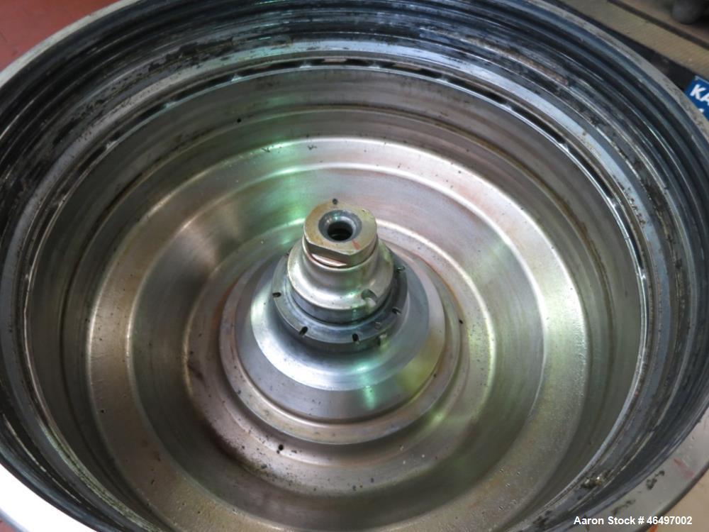 Used Westfalia SA-45-03-076 Disc Centrifuge. 316 Stainless steel construction (product contact areas). Maximum bowl speed 5000 rpm, separator design (Liquid/liquid/solids separation), heavy phase cen...