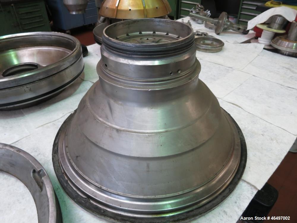 Used Westfalia SA-45-03-076 Disc Centrifuge. 316 Stainless steel construction (product contact areas). Maximum bowl speed 5000 rpm, separator design (Liquid/liquid/solids separation), heavy phase cen...