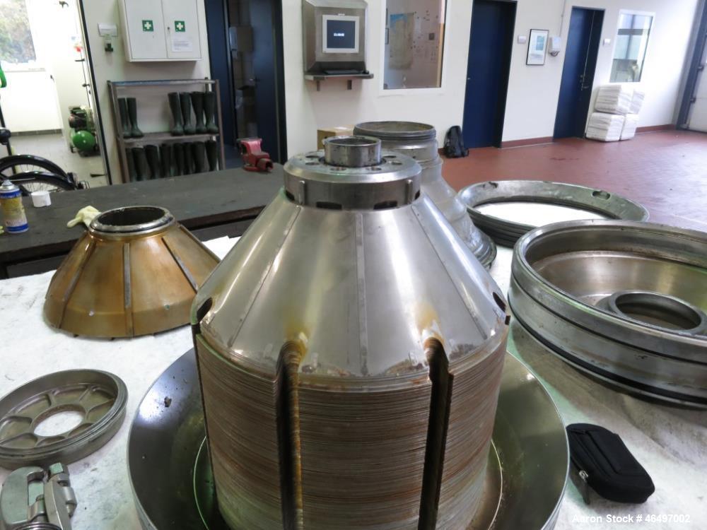 Used Westfalia SA-45-03-076 Disc Centrifuge. 316 Stainless steel construction (product contact areas). Maximum bowl speed 5000 rpm, separator design (Liquid/liquid/solids separation), heavy phase cen...