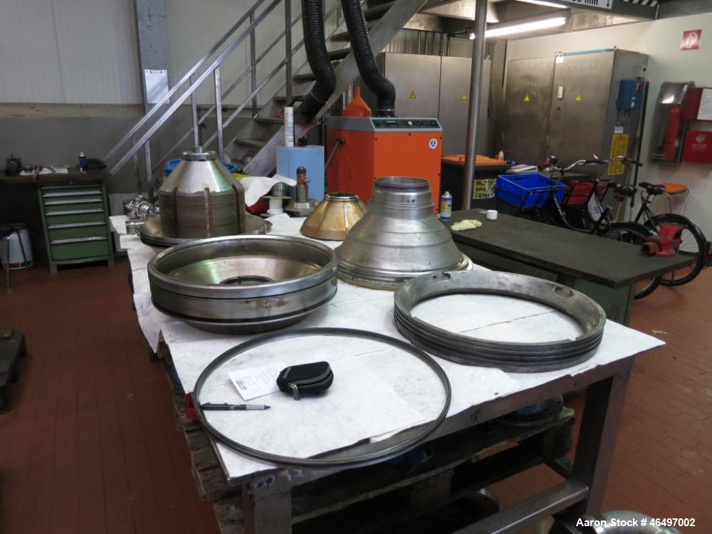 Used Westfalia SA-45-03-076 Disc Centrifuge. 316 Stainless steel construction (product contact areas). Maximum bowl speed 5000 rpm, separator design (Liquid/liquid/solids separation), heavy phase cen...
