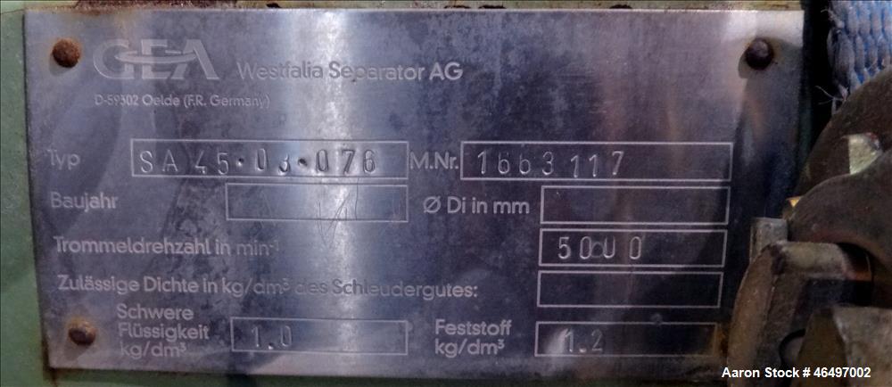 Used Westfalia SA-45-03-076 Disc Centrifuge. 316 Stainless steel construction (product contact areas). Maximum bowl speed 5000 rpm, separator design (Liquid/liquid/solids separation), heavy phase cen...