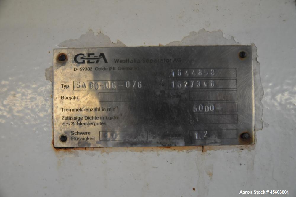Used Stainless Steel Westfalia Desludger Disc Centrifuge, SA-60-06-076  