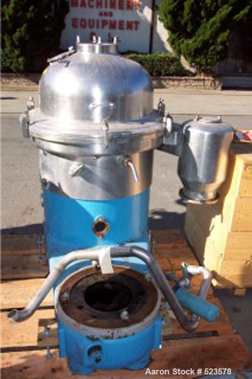 USED: Westfalia SA-60-06-177 desludger disc centrifuge. 316 stainless steel construction on product contact areas, max bowl speed 5000 rpm, centripetal pump liquid discharge, timed solid discharge, 6...