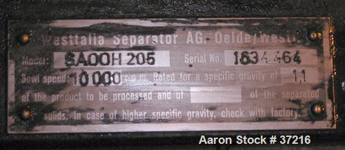 Used Westfalia SA00H-205 (SA1-02-076) Pilot Scale Desludger, Sanitary Separator Design. Maximum bowl speed 10,000 rpm, max feed rate 3.5 gpm, pump discharge on light phase. 1.5 hp motor 420/3/50/1410...