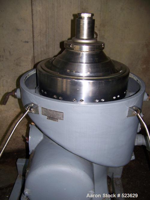 USED: Westfalia SA00M-5016 disc centrifuge, stainless steel. 3 way separator design. Max bowl speed 6500 rpm, 15 hp drive motor.