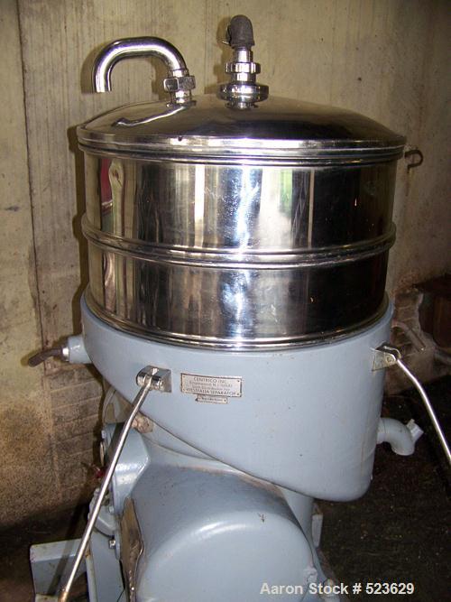 USED: Westfalia SA00M-5016 disc centrifuge, stainless steel. 3 way separator design. Max bowl speed 6500 rpm, 15 hp drive motor.