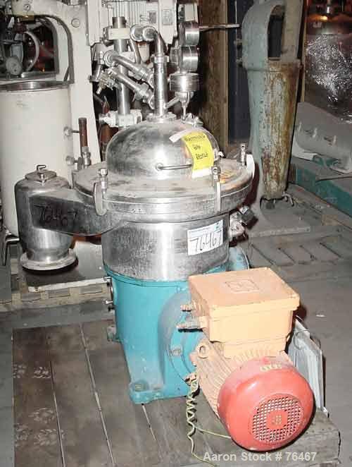 USED: Westfalia SA-14-01-576 desludger disc centrifuge, 316 stainlesssteel construction on product contact areas. Max bowl speed 7570 rpm,separator design, light and heavy phase centripetal pump liqu...