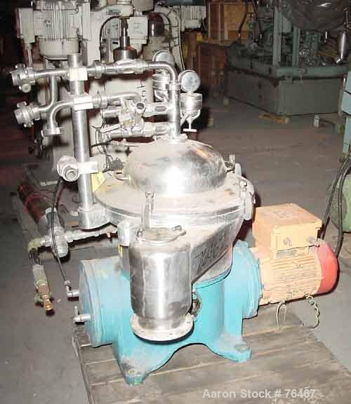 USED: Westfalia SA-14-01-576 desludger disc centrifuge, 316 stainlesssteel construction on product contact areas. Max bowl speed 7570 rpm,separator design, light and heavy phase centripetal pump liqu...