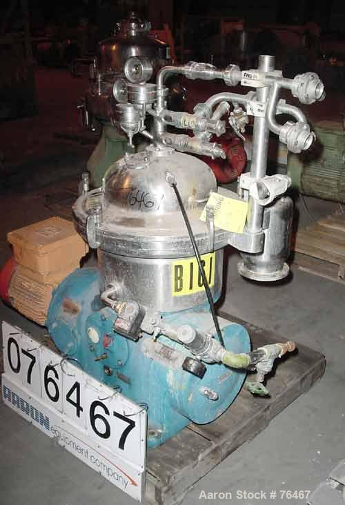 USED: Westfalia SA-14-01-576 desludger disc centrifuge, 316 stainlesssteel construction on product contact areas. Max bowl speed 7570 rpm,separator design, light and heavy phase centripetal pump liqu...
