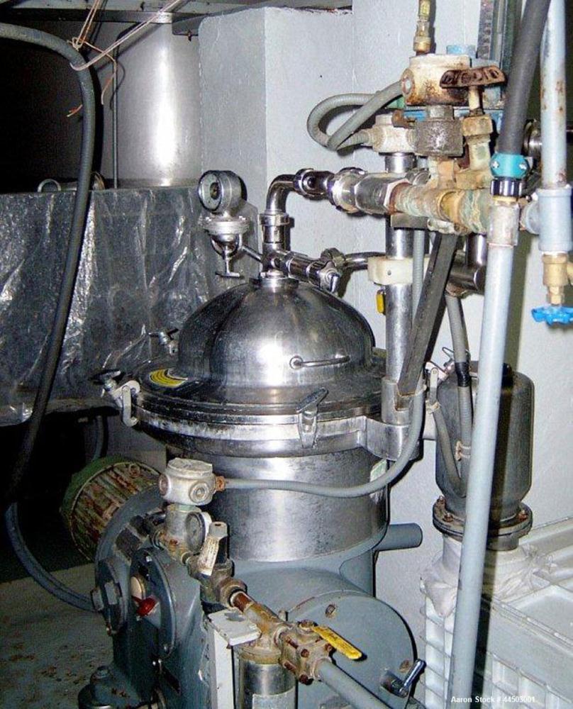 Used Westfalia SA14-06-076 Desludger Disc Centrifuge. 329 Stainless steel construction on product contact areas. Maximum bowl speed 7560 rpm, clarifier design (liquid/solids separation), centripetal ...