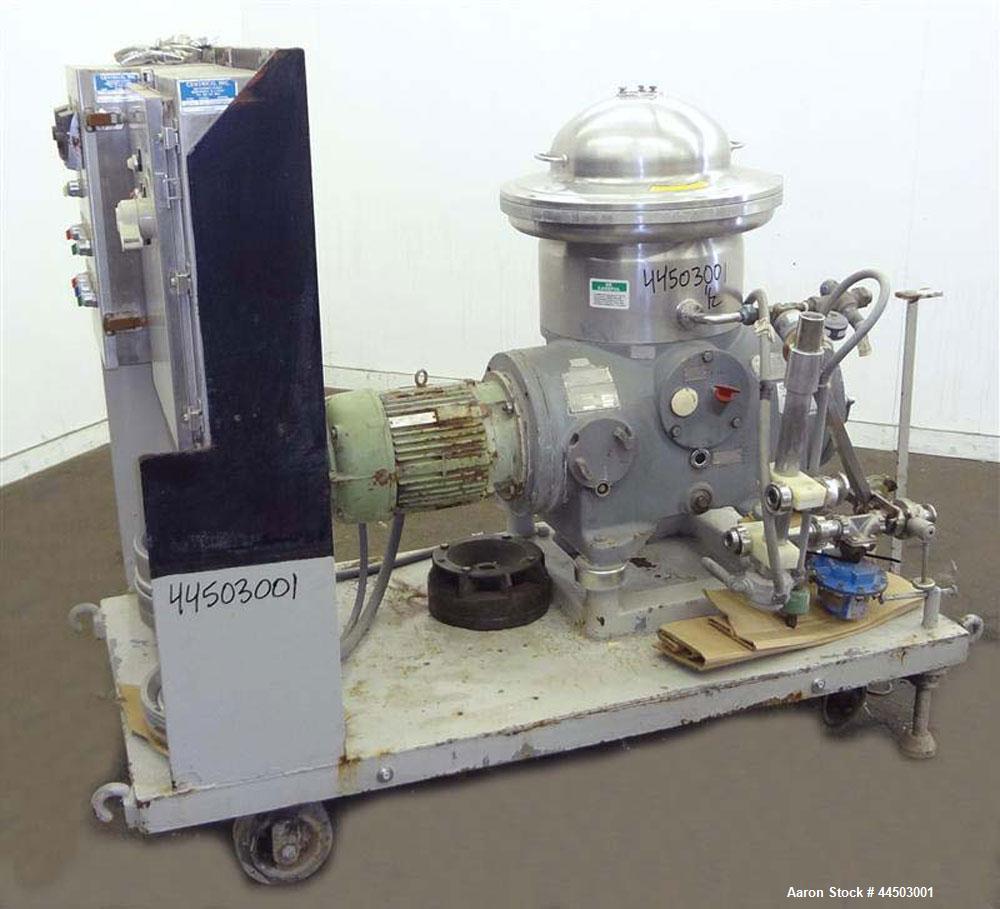 Used Westfalia SA14-06-076 Desludger Disc Centrifuge. 329 Stainless steel construction on product contact areas. Maximum bowl speed 7560 rpm, clarifier design (liquid/solids separation), centripetal ...