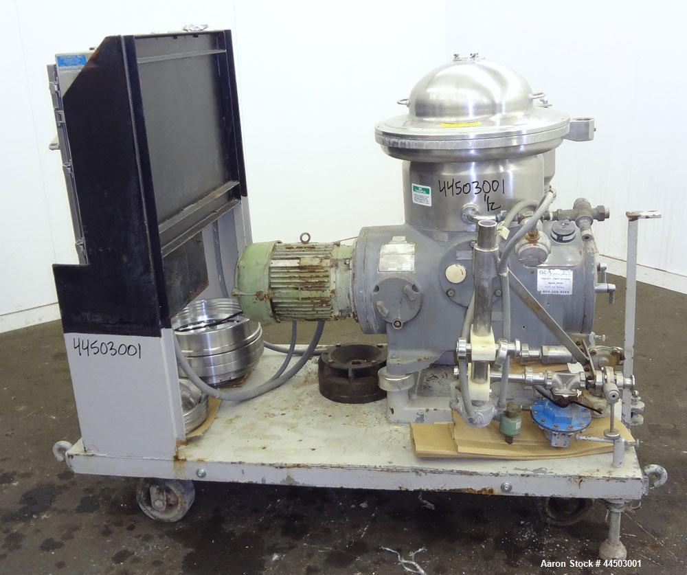Used Westfalia SA14-06-076 Desludger Disc Centrifuge. 329 Stainless steel construction on product contact areas. Maximum bowl speed 7560 rpm, clarifier design (liquid/solids separation), centripetal ...