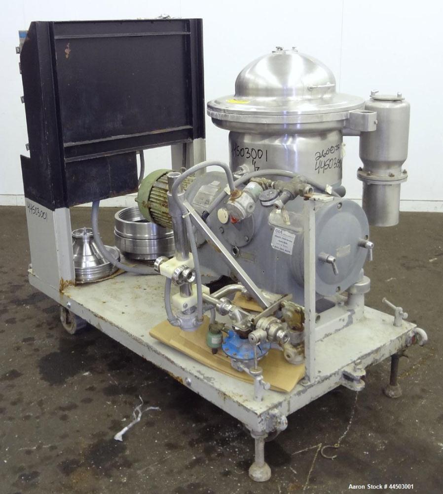 Used Westfalia SA14-06-076 Desludger Disc Centrifuge. 329 Stainless steel construction on product contact areas. Maximum bowl speed 7560 rpm, clarifier design (liquid/solids separation), centripetal ...