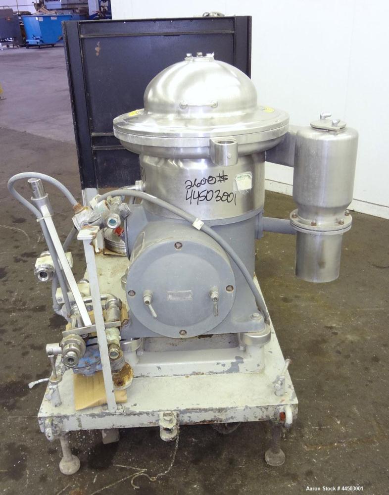 Used Westfalia SA14-06-076 Desludger Disc Centrifuge. 329 Stainless steel construction on product contact areas. Maximum bowl speed 7560 rpm, clarifier design (liquid/solids separation), centripetal ...