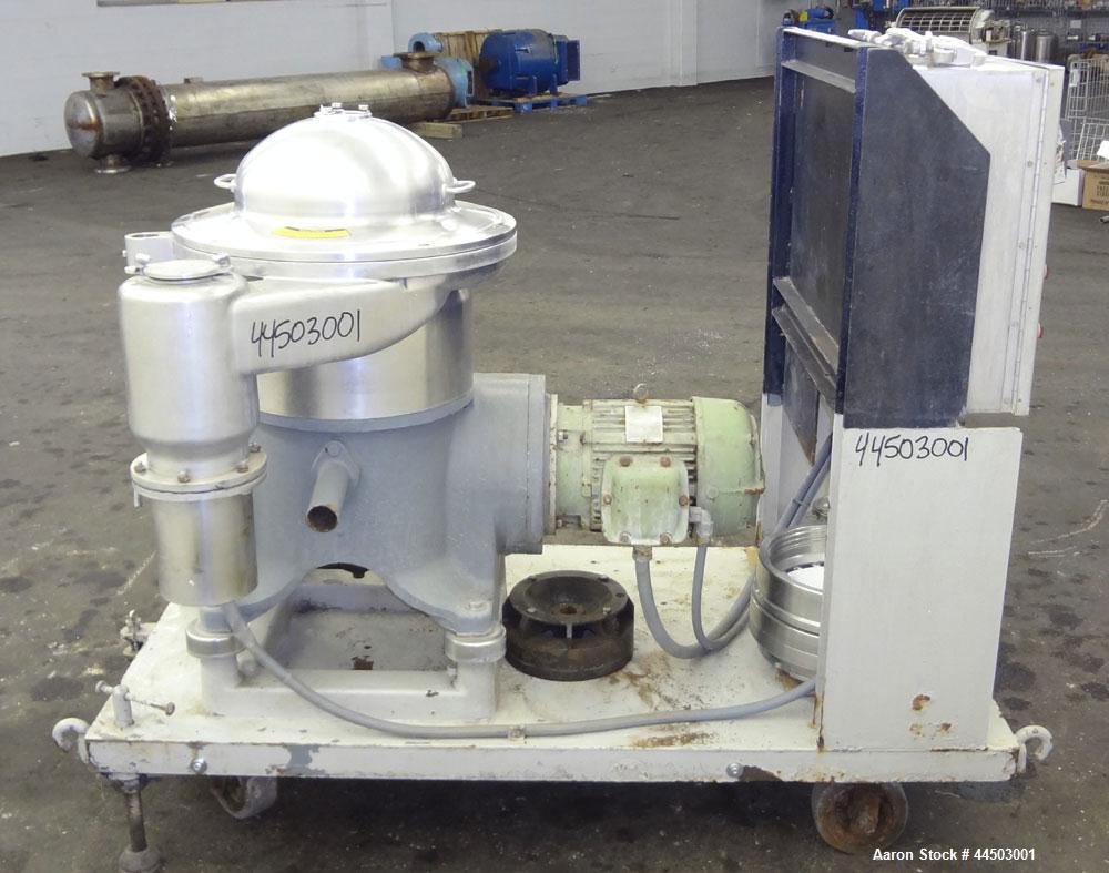 Used Westfalia SA14-06-076 Desludger Disc Centrifuge. 329 Stainless steel construction on product contact areas. Maximum bowl speed 7560 rpm, clarifier design (liquid/solids separation), centripetal ...