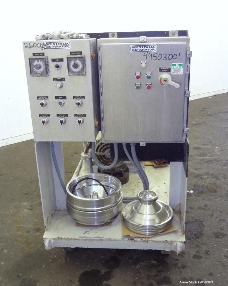 Used Westfalia SA14-06-076 Desludger Disc Centrifuge. 329 Stainless steel construction on product contact areas. Maximum bowl speed 7560 rpm, clarifier design (liquid/solids separation), centripetal ...