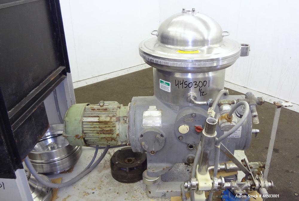 Used Westfalia SA14-06-076 Desludger Disc Centrifuge. 329 Stainless steel construction on product contact areas. Maximum bowl speed 7560 rpm, clarifier design (liquid/solids separation), centripetal ...